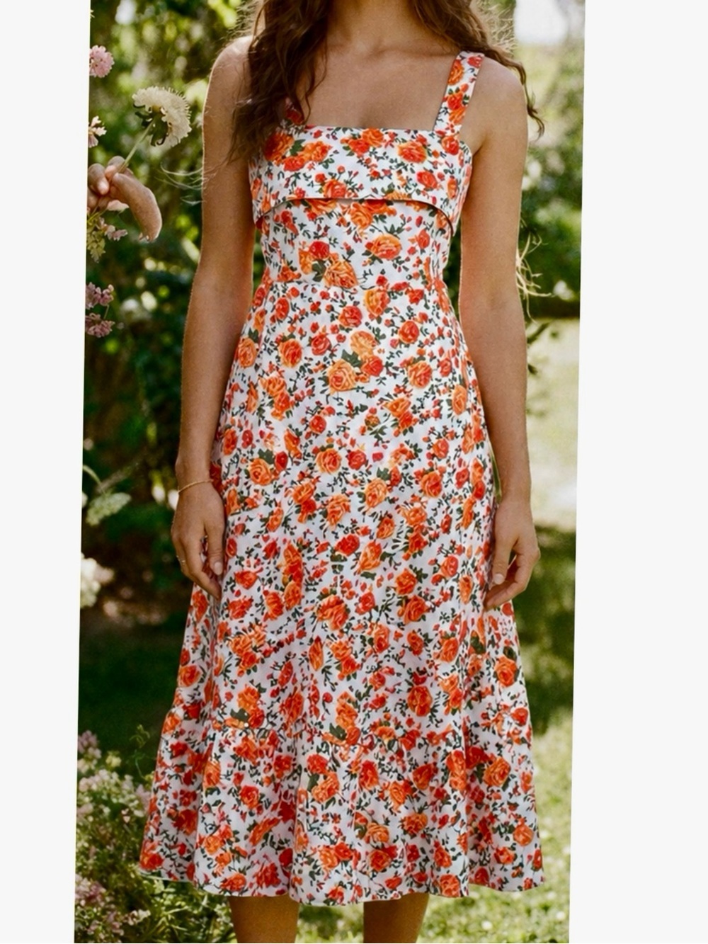Boutique Floral Garden Party Midi Dress Tie Back Ruffle Hem Cotton Size Medium